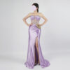 Lavender Satin Strapless Evening Gown with Beaded Corset and Front Slit