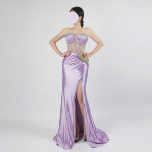 Lavender Satin Strapless Evening Gown with Beaded Corset and Front Slit