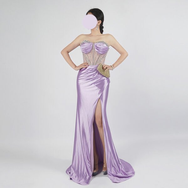 Lavender Satin Strapless Evening Gown with Beaded Corset and Front Slit