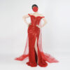 Red Sequin Off-Shoulder Evening Gown with Corset Bodice and High Slit