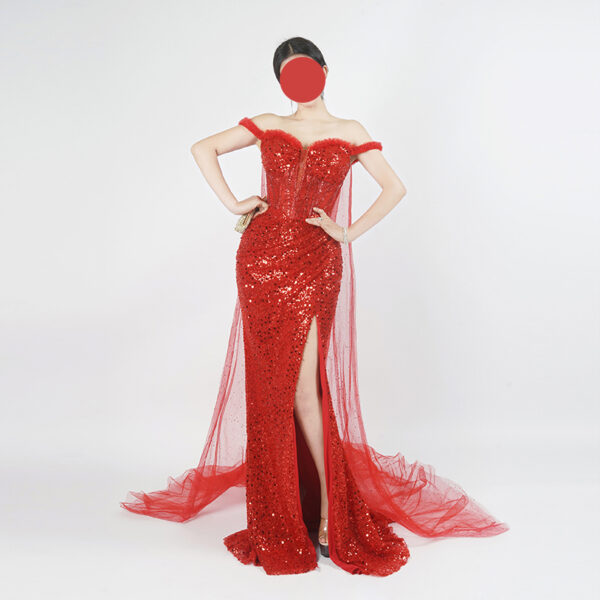 Red Sequin Off-Shoulder Evening Gown with Corset Bodice and High Slit