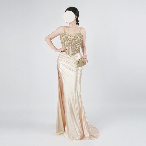 Luxury Champagne Gold Beaded Evening Dress with Corset Bodice