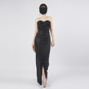 Black Strapless Sequin Bodice Formal Gown | Glitter Satin Slit Evening Dress