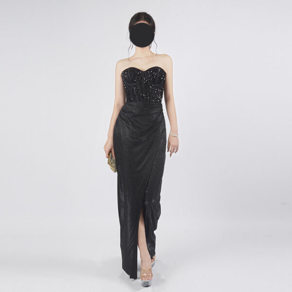 Black Strapless Sequin Bodice Formal Gown | Glitter Satin Slit Evening Dress