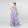 Lavender Tulle Ruffled Ball Gown | Spaghetti Strap 3D Floral Embellished Formal Evening Dress