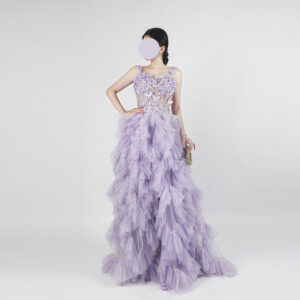 Lavender Tulle Ruffled Ball Gown | Spaghetti Strap 3D Floral Embellished Formal Evening Dress