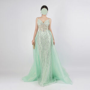 Mint Green Sequin Mermaid Gown | Spaghetti Strap Sheer Bodice Formal Evening Dress with Tulle Train