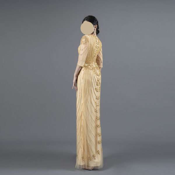 Champagne Gold Beaded Evening Gown - Sheer Half-Sleeve Formal Mermaid Dress