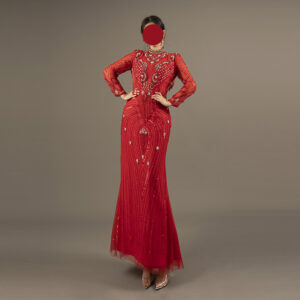 Luxury Red Sequin Beaded Evening Gown - High Neck Long Sleeve Formal Mermaid Dress
