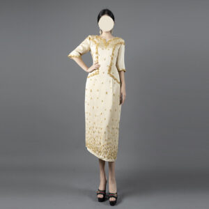 Cream Modest Evening Dress with Luxurious Gold Embellishment