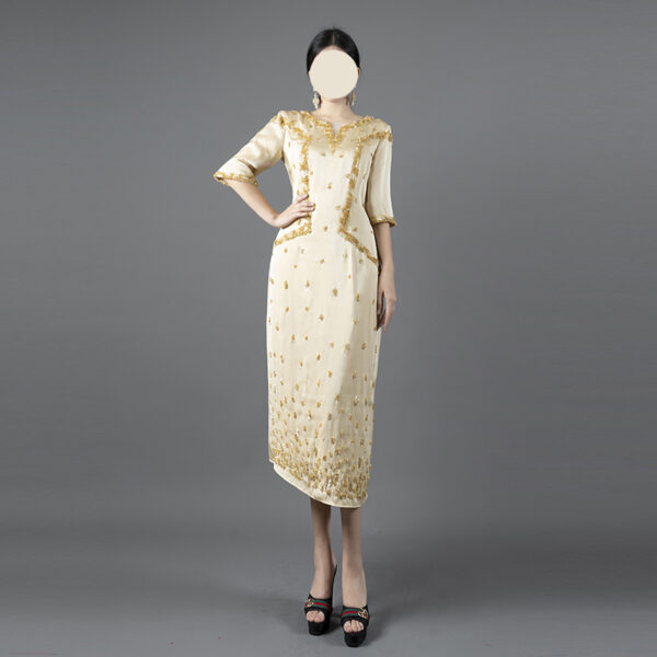 Cream Modest Evening Dress with Luxurious Gold Embellishment