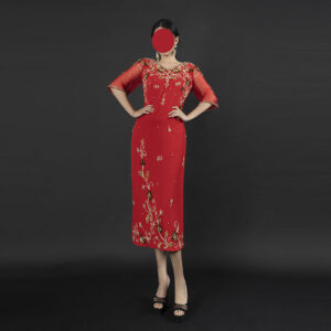 Red Midi Dress with Gold Embroidery - Sheer Half-Sleeve Cocktail & Event Dress