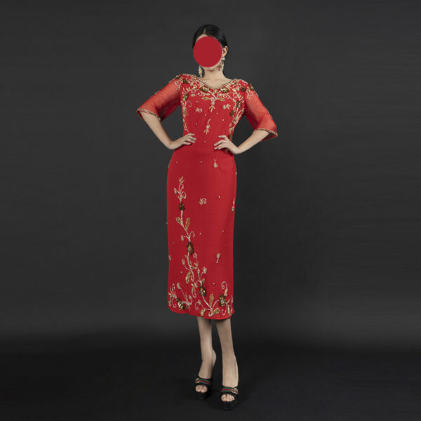 Red Midi Dress with Gold Embroidery - Sheer Half-Sleeve Cocktail & Event Dress