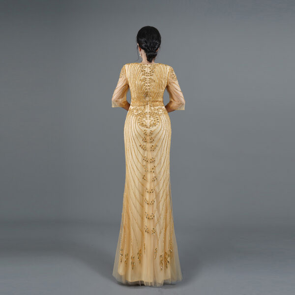 Champagne Gold Beaded Evening Gown - Sheer Half-Sleeve Formal Mermaid Dress