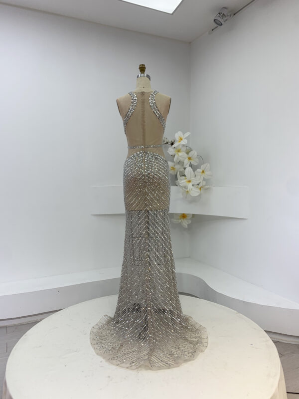 Custom Fit Runway Gown | Crystal-Embellished Deep V Halter Cutout Cross-Back Formal Dress with White Tulle Train