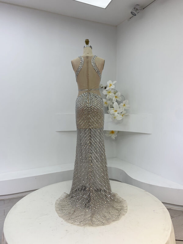 Custom Fit Runway Gown | Crystal-Embellished Deep V Halter Cutout Cross-Back Formal Dress with White Tulle Train