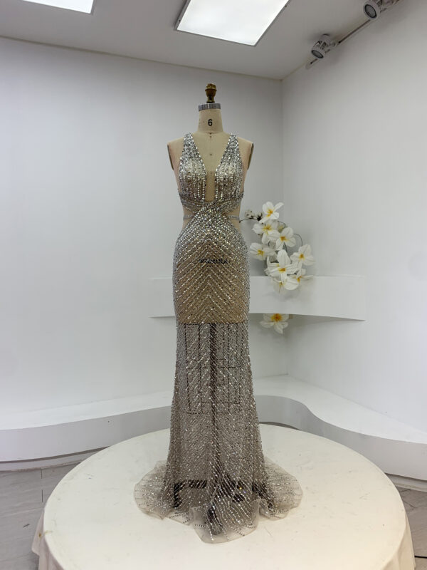 Custom Fit Runway Gown | Crystal-Embellished Deep V Halter Cutout Cross-Back Formal Dress with White Tulle Train