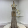 Custom Fit Runway Gown | Crystal-Embellished Deep V Halter Cutout Cross-Back Formal Dress with White Tulle Train