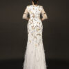 White Hand-Beaded Evening Gown with Gold Embroidery and Feather Details