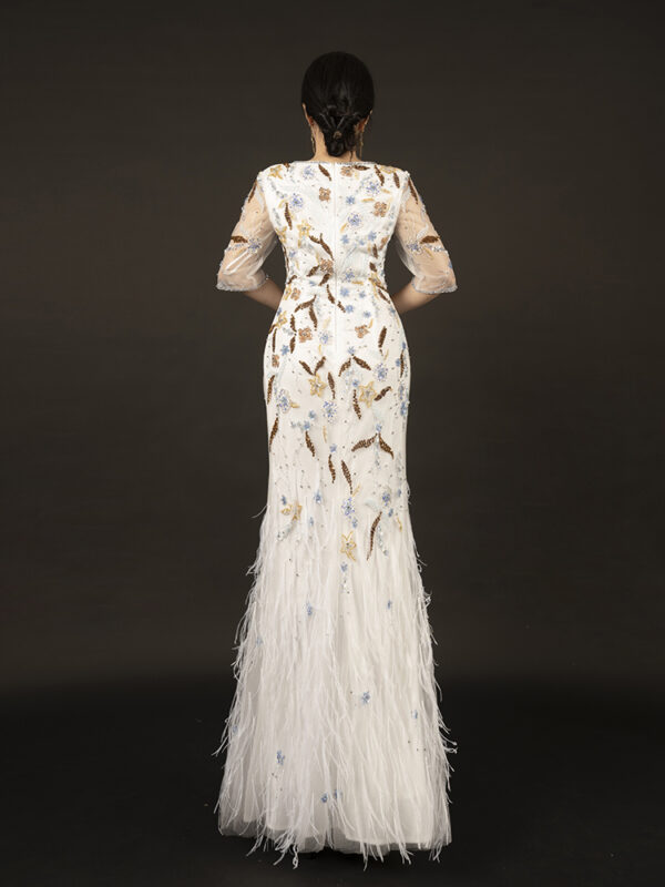 White Hand-Beaded Evening Gown with Gold Embroidery and Feather Details
