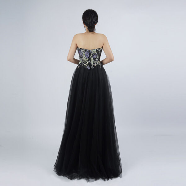 Custom Black Tulle Evening Gown with Embroidered Floral Corset Top