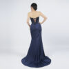 Navy Blue Strapless Beaded Evening Gown with Draped Skirt and High Slit