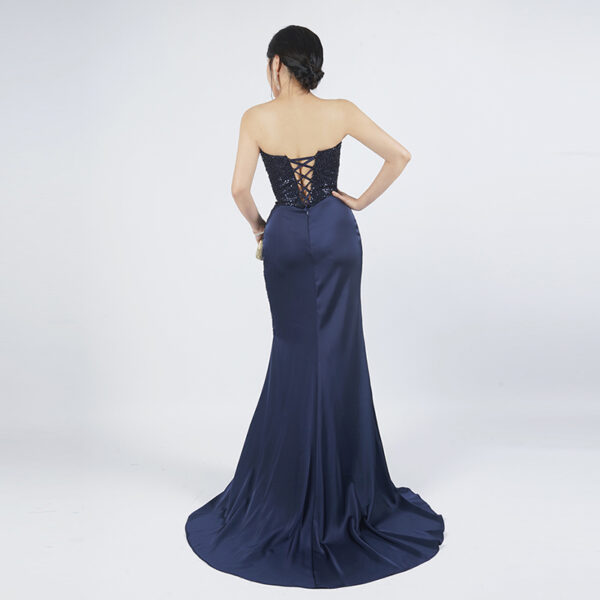Navy Blue Strapless Beaded Evening Gown with Draped Skirt and High Slit