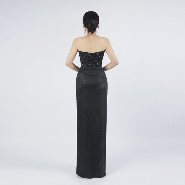 Black Strapless Sequin Bodice Formal Gown | Glitter Satin Slit Evening Dress
