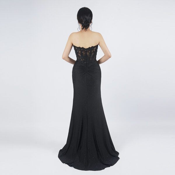 Black Strapless Lace Sheer Gown | Glitter Mesh High-Slit Formal Evening Dress