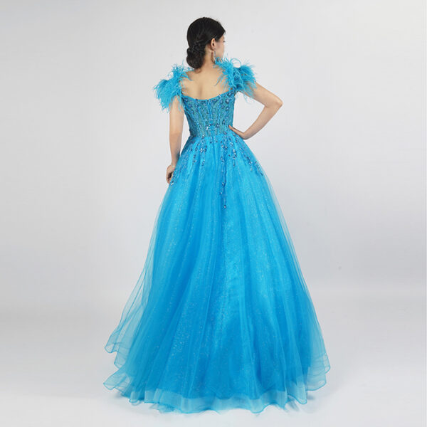 Turquoise Sequin Ball Gown | Feather Shoulder Embellished Formal Evening Dress