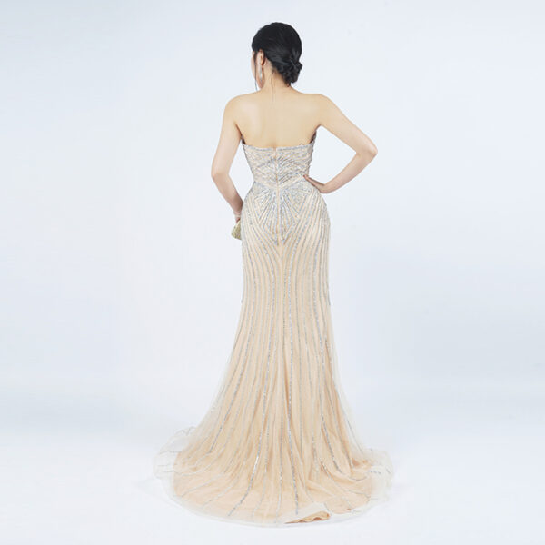 Champagne Sequin Mermaid Gown | Strapless Silver Beaded Strip Formal Evening Dress with Train