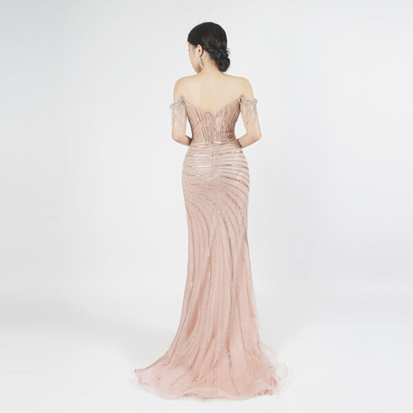 Blush Pink Sequin Mermaid Gown | Off-Shoulder Fringe Trim Formal Evening Dress with High Slit