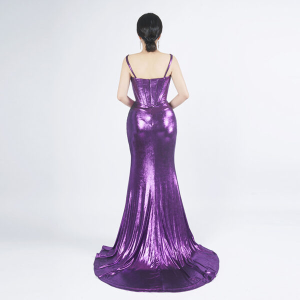 Metallic Purple Spaghetti Strap Evening Gown with High Slit