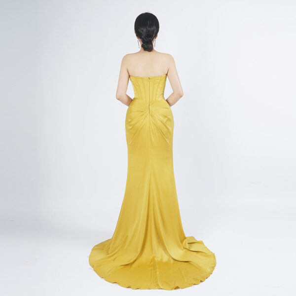 Gold Draped Satin Slit Gown with Structured Bodice