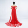 Red Sequin Off-Shoulder Evening Gown with Corset Bodice and High Slit