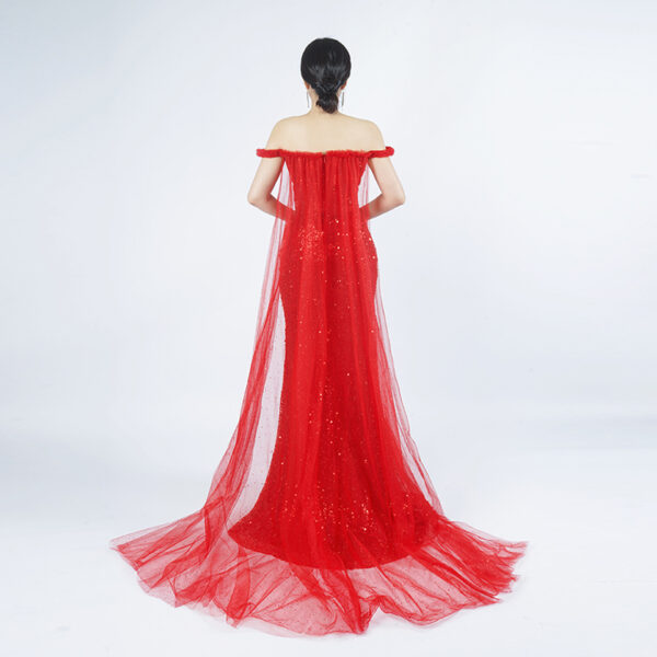 Red Sequin Off-Shoulder Evening Gown with Corset Bodice and High Slit