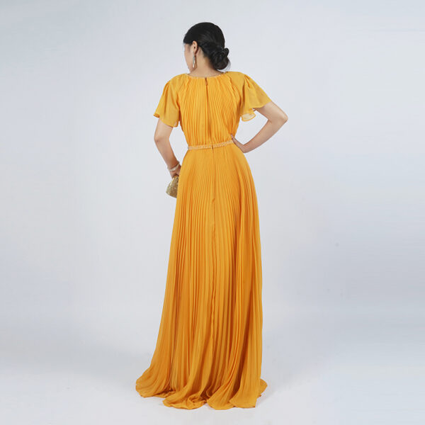 Luxury Mustard Chiffon Pleated Evening Dress - Beaded Accent Belt for GCC Weddings