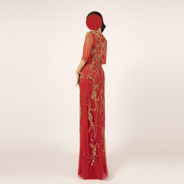 Elegant Red Formal Dress with Intricate Gold Embroidery