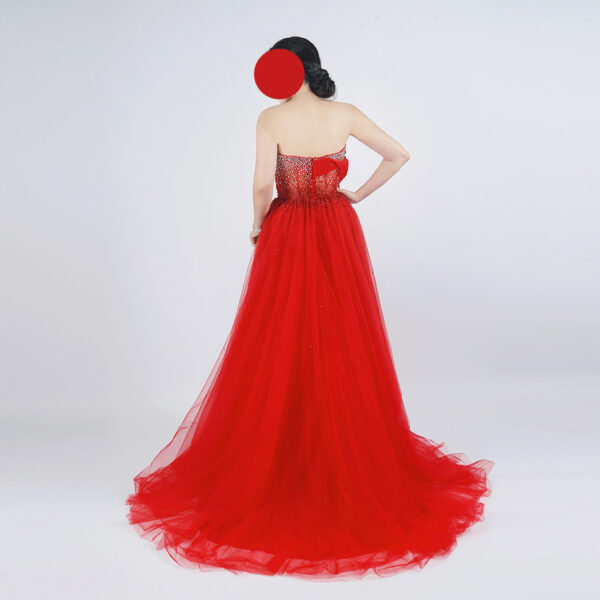Red Strapless Tulle Evening Gown with Beaded Waist and Layered Bodice