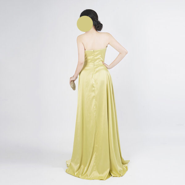 Strapless Satin Evening Gown with Hand-Beaded Waist and Front Slit
