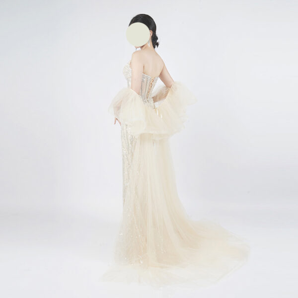 Champagne Sequin Mermaid Gown | Spaghetti Strap Deep V Formal Evening Dress with Sheer Sleeve