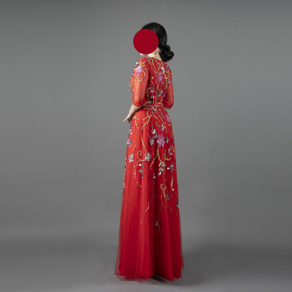 Red Couture Evening Gown with Hand-Beaded Floral Embroidery
