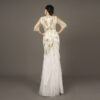 White Evening Gown with Gold Hand-Beaded Embroidery and Feather Hem