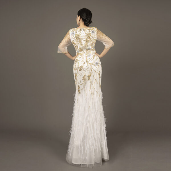White Evening Gown with Gold Hand-Beaded Embroidery and Feather Hem