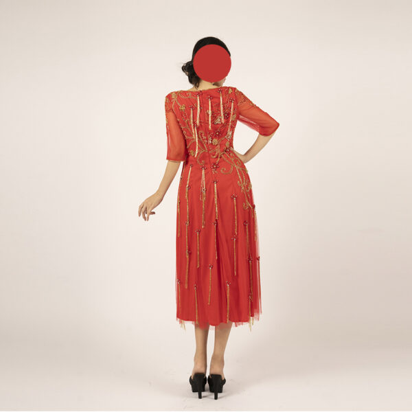 Red Hand-Beaded Midi Dress with Gold Embroidery and Tassel Details
