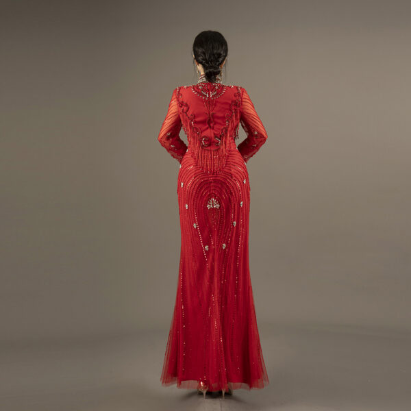 Luxury Red Sequin Beaded Evening Gown - High Neck Long Sleeve Formal Mermaid Dress