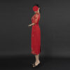 Red Midi Dress with Gold Embroidery - Sheer Half-Sleeve Cocktail & Event Dress