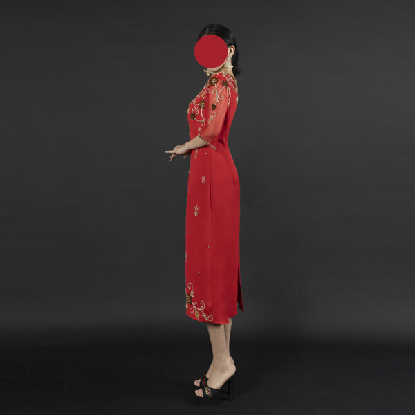 Red Midi Dress with Gold Embroidery - Sheer Half-Sleeve Cocktail & Event Dress