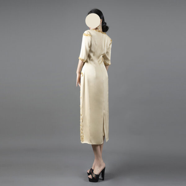 Cream Modest Evening Dress with Luxurious Gold Embellishment