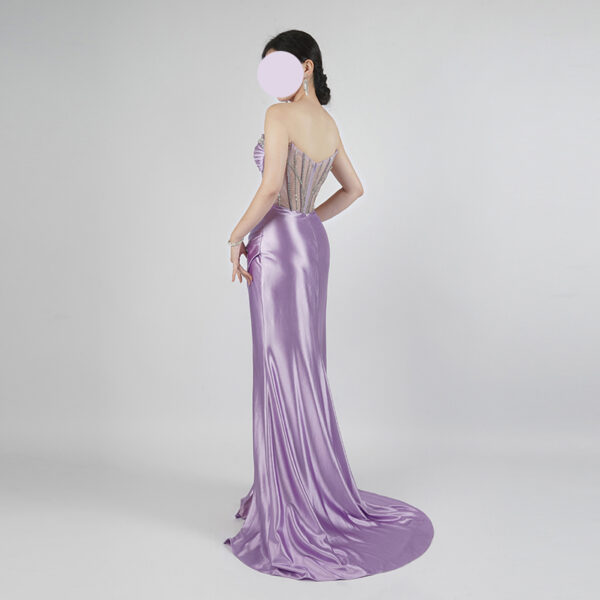 Lavender Satin Strapless Evening Gown with Beaded Corset and Front Slit